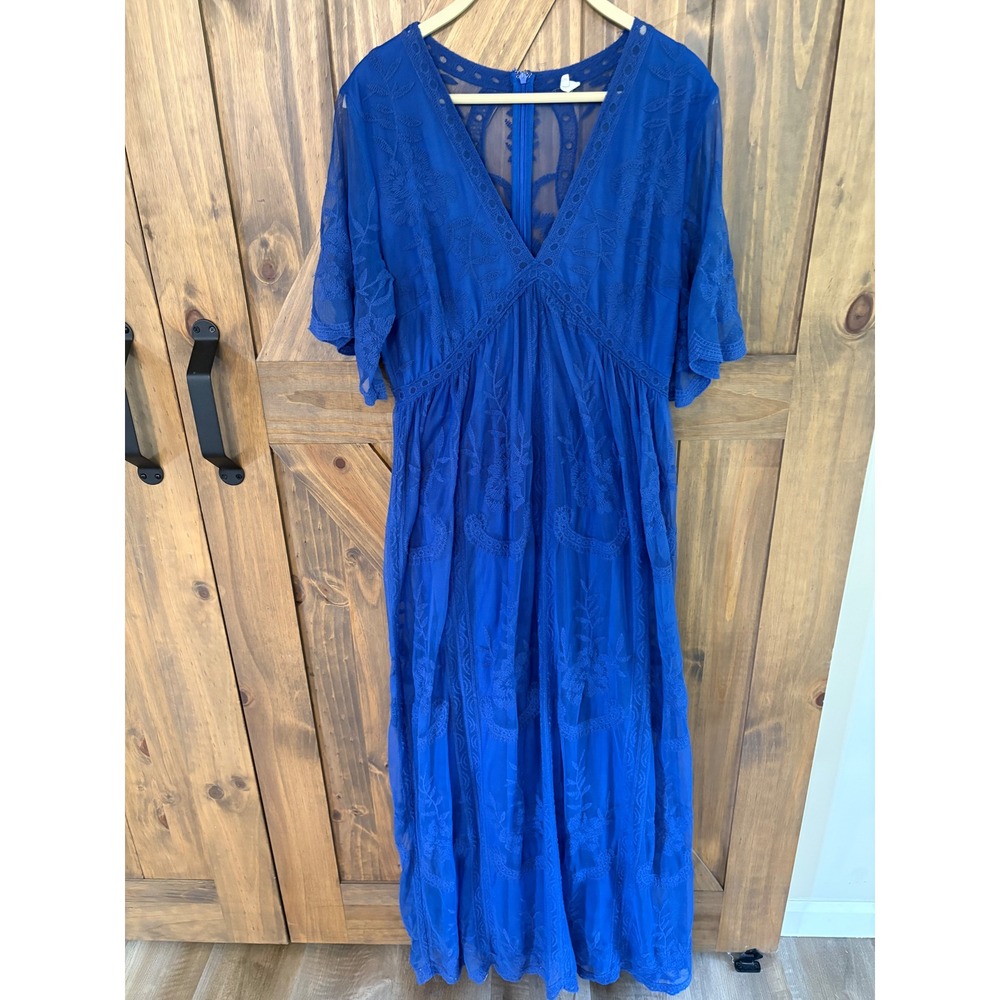 PinkBlush Royal Blue Mesh Floral Embroidered Maxi Dress XL Boho Maternity V-Neck